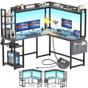 Homieasy L Shaped Desk with Power Outlet and LED lights, Reversible Corner Computer Desk with Hutch and Storage Shelf, E