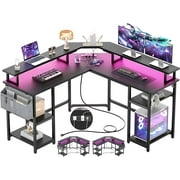 Homieasy L Shaped Desk with Monitor Stand and Power Outlet, 55" Reversible Gaming Desk with LED Light and USB Ports, Corner Computer Desk Office Desk Writing Desk with Storage Shelf, Black