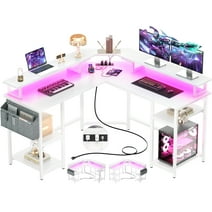 Homieasy L Shaped Desk with Monitor Stand and Power Outlet, 55" Reversible Gaming Desk with LED Light and USB Ports, Corner Computer Desk Office Desk Writing Desk with Storage Shelf, White