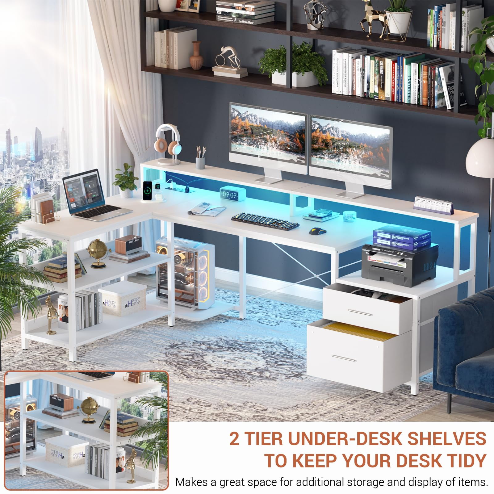 Homieasy L Shaped Desk with Power Outlet, Reversible L Shaped Computer Desk with File Drawer & Monitor Stand, Gaming Desk with LED Strip, Home Office Desk Corner Desk with Storage Shelf, White