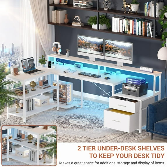 Homieasy L Shaped Desk with Power Outlet, Reversible L Shaped Computer Desk with File Drawer & Monitor Stand, Gaming Desk with LED Strip, Home Office Desk Corner Desk with Storage Shelf, White