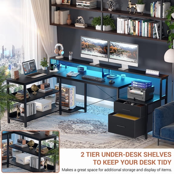 Homieasy L Shaped Desk with Power Outlet, Reversible L Shaped Computer Desk with File Drawer & Monitor Stand, Gaming Desk with LED Strip, Home Office Desk Corner Desk with Storage Shelf, Black