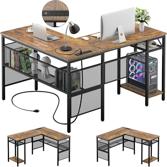 Homieasy L Shaped Desk with Power Outlet and USB Charging Port, 55 inch Reversible Corner Computer Desk with Storage Shelves, Industrial Modern L-Shaped Office Desk Writing Desk, Rustic Brown