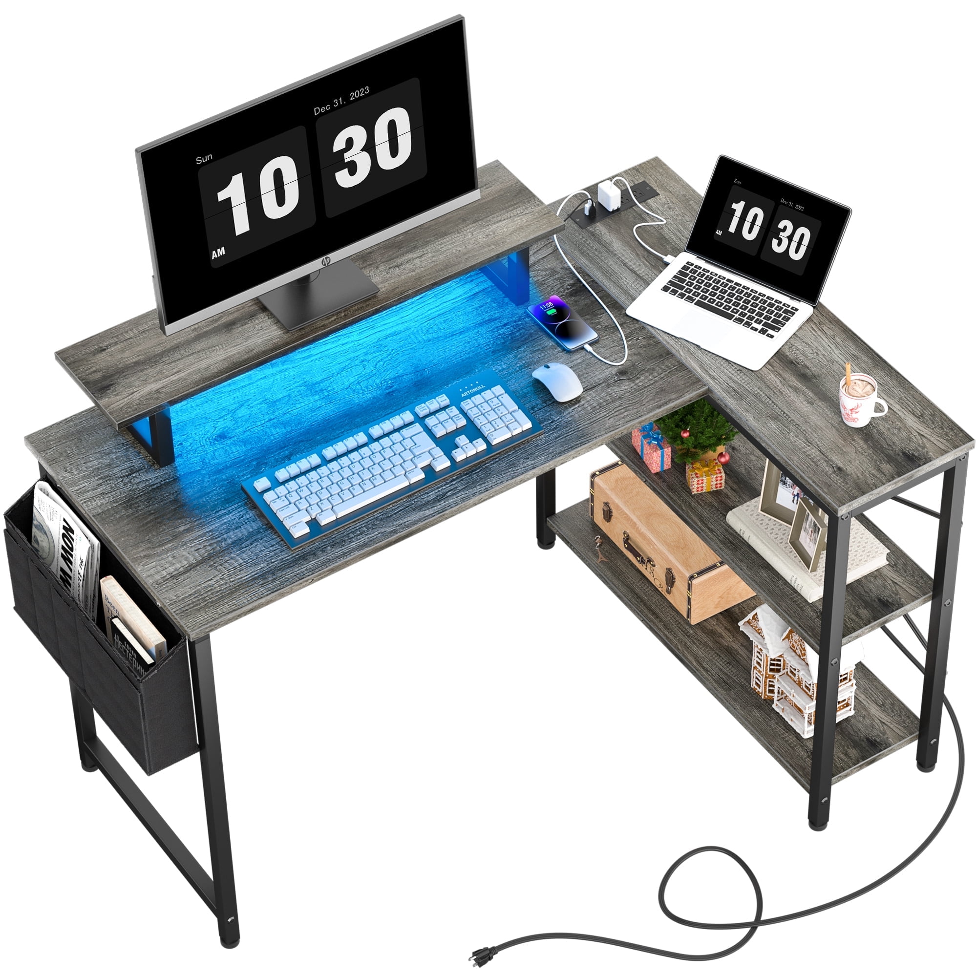 Homieasy 47 Inch L-Shaped Desk with Power Outlet, USB Ports & Shelves ...