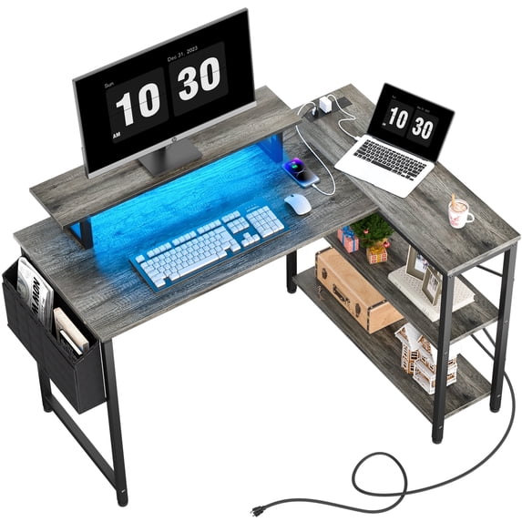 Homieasy L Shaped Desk with Power Outlet & USB Ports, 47 Inch Reversible L-Shaped Gaming Desk with LED Strip & Monitor Stand, Corner Computer Desk with Storage for Home Office, Black Oak