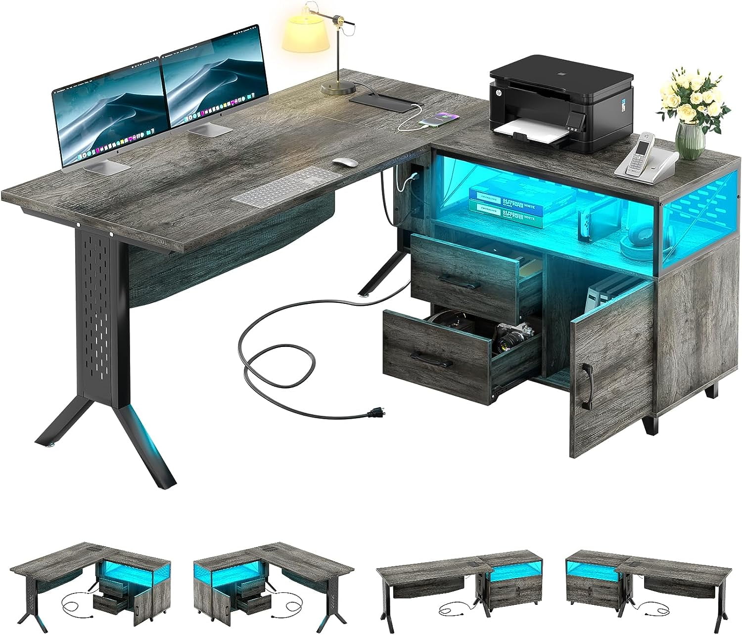 Homieasy L Shaped Desk with Power Outlet & USB Ports, 55 Inch Executive Desk with