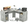 thumbnail image 1 of Homieasy L Shaped Desk with Power Outlet and USB Ports, 60 Inch Corner Computer Desk with Drawers and Storage Shelves, Large 2 Person Study Table L-Shaped Office Desk with File Cabinets, White Oak, 1 of 8