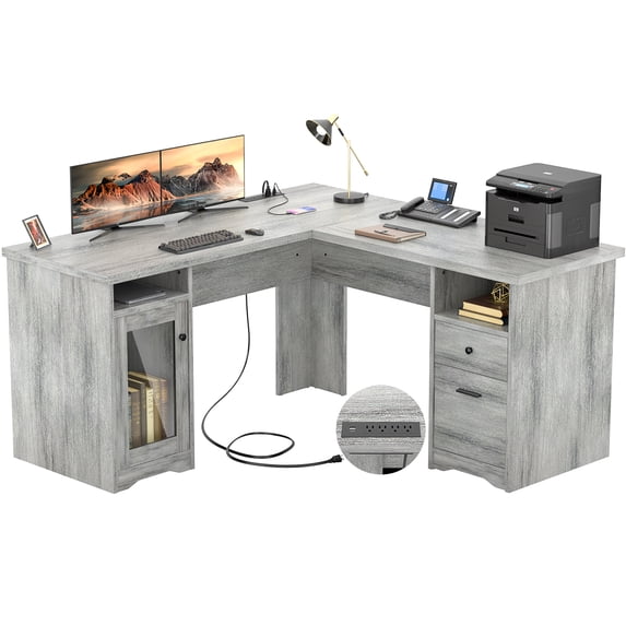 Homieasy L Shaped Desk with Power Outlet and USB Ports, 60 Inch Corner Computer Desk with Drawers and Storage Shelves, Large 2 Person Study Table L-Shaped Office Desk with File Cabinets, White Oak