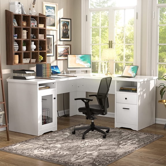 Homieasy L Shaped Desk with Power Outlet and USB Ports, 60 Inch Corner Computer Desk with Drawers and Storage Shelves, Large 2 Person Study Table L-Shaped Office Desk with File Cabinets, White