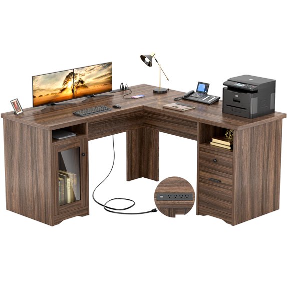 Homieasy L Shaped Desk with Power Outlet and USB Ports, 60 Inch Corner Computer Desk with Drawers and Storage Shelves, Large 2 Person Study Table L-Shaped Office Desk with File Cabinets, Rustic Oak