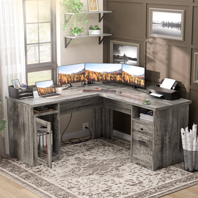 Homieasy L Shaped Desk with Power Outlet and USB Ports, 60 Inch Corner Computer Desk with Drawers and Storage Shelves, Large 2 Person Study Table L-Shaped Office Desk with File Cabinets, Black Oak