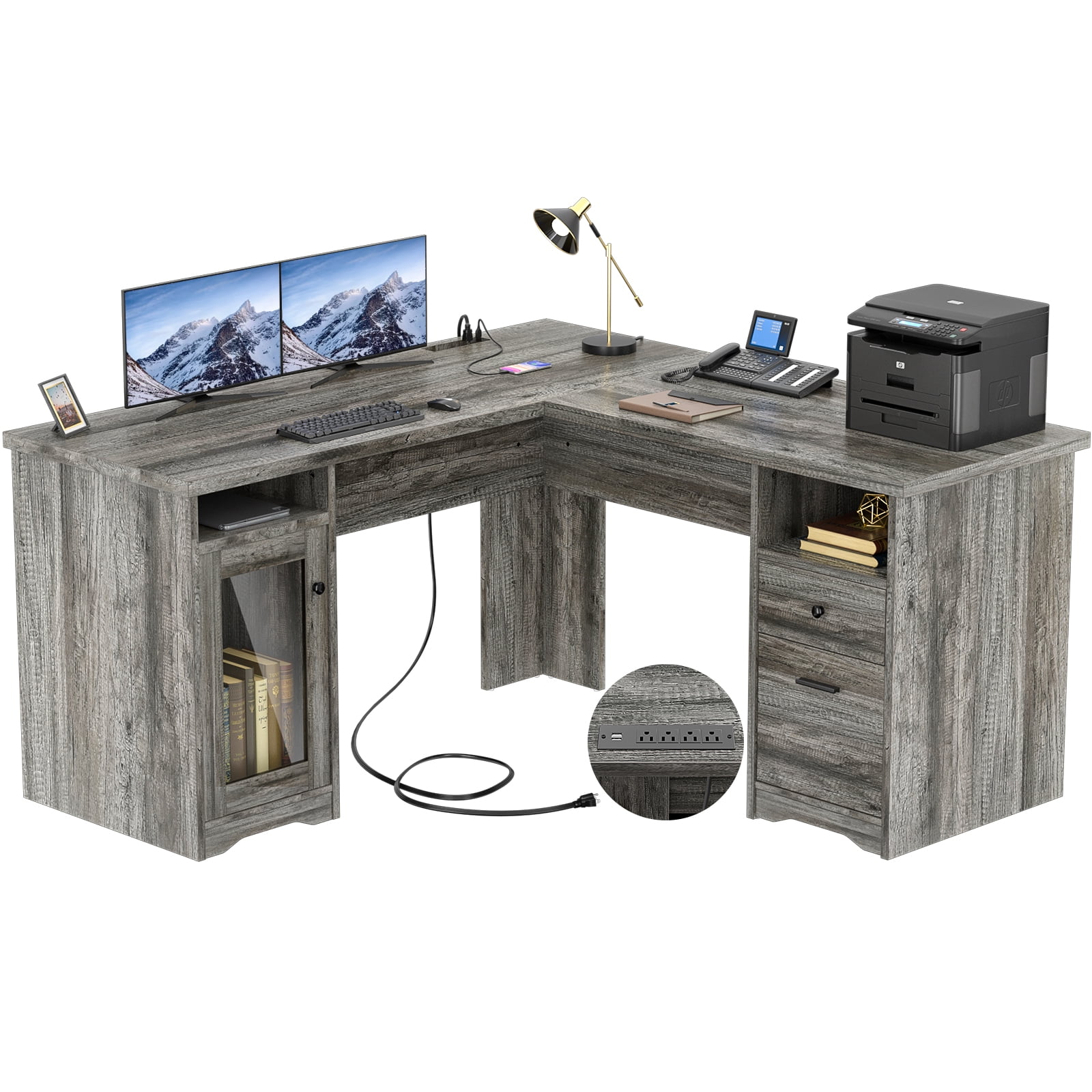 Homieasy 60 Inch L Shaped Electric Desk with Power Outlet USB Ports Storage Shelves and File Cabinets Black Walmart Business Supplies