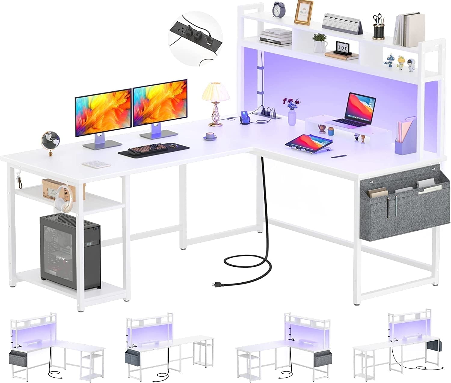 Homieasy L Shaped Desk with Power Outlet, LED Strip, Storage Shelf, Monitor Stand and Hutch, White