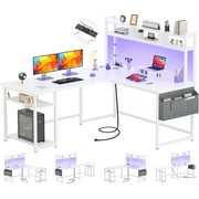 Homieasy L Shaped Desk with Power Outlet, LED Strip, Storage Shelf, Monitor Stand and Hutch, White