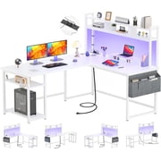 Homieasy L Shaped Desk with Power Outlet, LED Strip, Storage Shelf, Monitor Stand and Hutch, White