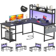 Homieasy L Shaped Desk with Power Outlet & USB Ports, 86.6'' Reversible L-Shaped Gaming Desk with Monitor Stand & LED Strip, 2 Person Corner Computer Desk with Hutch for Home Office, Black