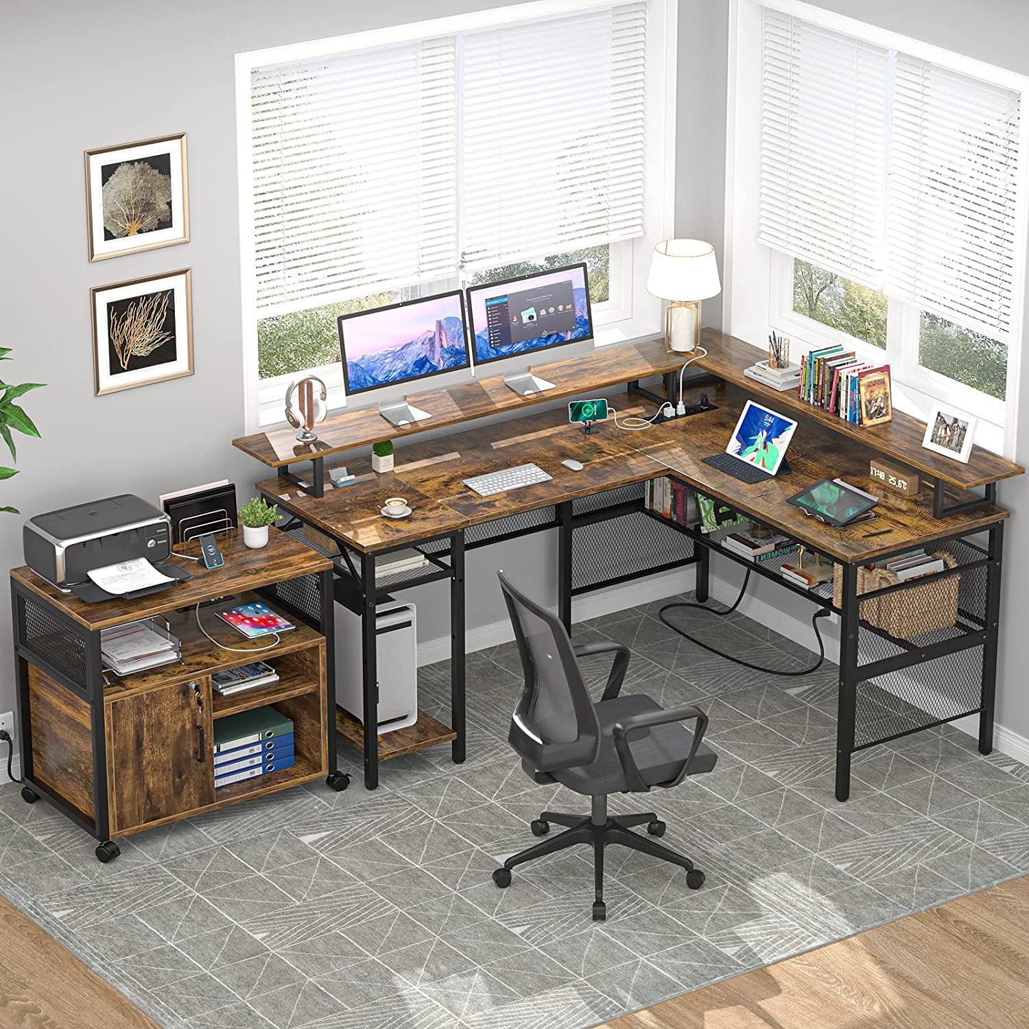 Homieasy L Shaped Desk with Power Outlets and LED Light, 55 inch Reversible L-Shaped Gaming Desk with Monitor Stand, Ergonomic Corner Computer Desk with Storage Shelf for Home Office, Rustic Brown