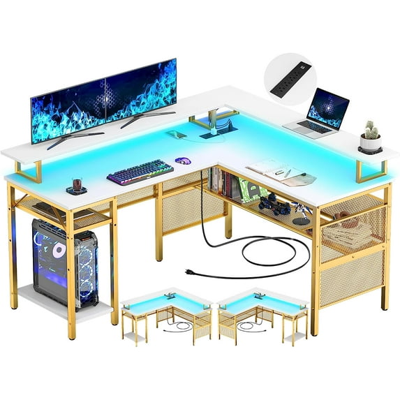 Homieasy L Shaped Desk with Power Outlets and LED Light, 55 inch Reversible L-Shaped Gaming Desk with Monitor Stand, Ergonomic Corner Computer Desk with Storage Shelf for Home Office, White and Gold