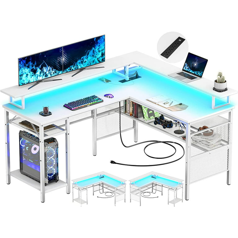 Unikito L Shaped Desk with LED Light and Power Outlet, Reversible