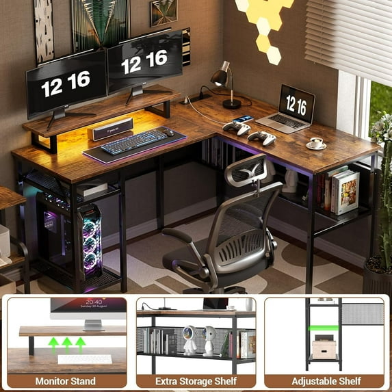 Homieasy L Shaped Desk with Power Outlets and LED Lights, 55 Inch Reversible L-Shaped Gaming Desk with Storage Shelves and Monitor Stand, Corner Computer Desk with Unique Grid Design, Rustic Brown
