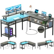 Homieasy L Shaped Desk with Power Outlets and LED Lights, 55 Inch Reversible L-Shaped Gaming Desk with Storage Shelves and Monitor Stand, Corner Computer Desk with Unique Grid Design, Black Oak