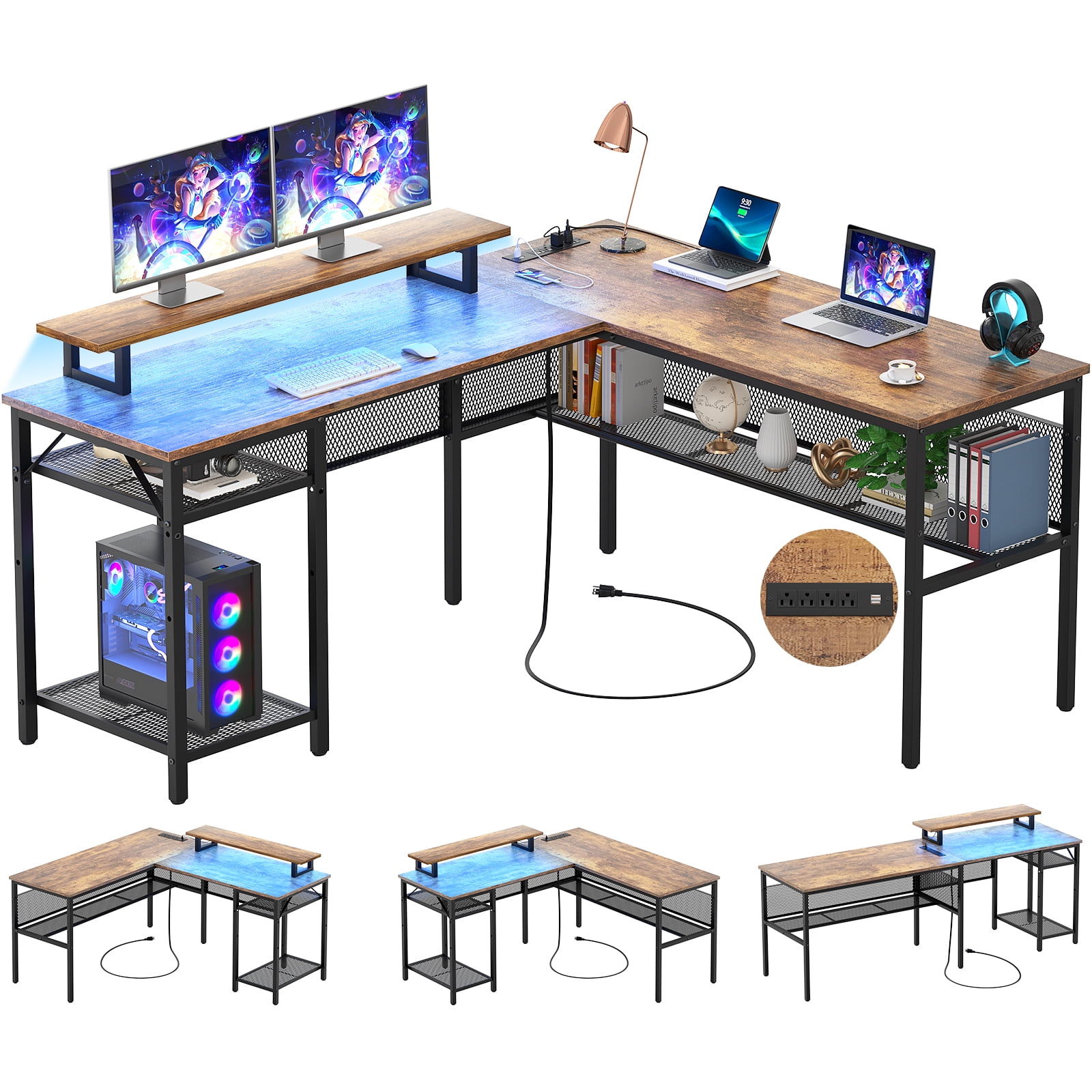 Homieasy L Shaped 55 Inch Desk with Power Outlets, LED Lights & Monitor