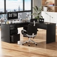 thumbnail image 1 of Homieasy L Shaped Desk with Power Outlets and USB Charging Ports, Lift Top Corner Computer Desk with Drawer, Large Office Desk with Storage Shelves, L Shaped Standing Desk for Home Office, Black, 1 of 7