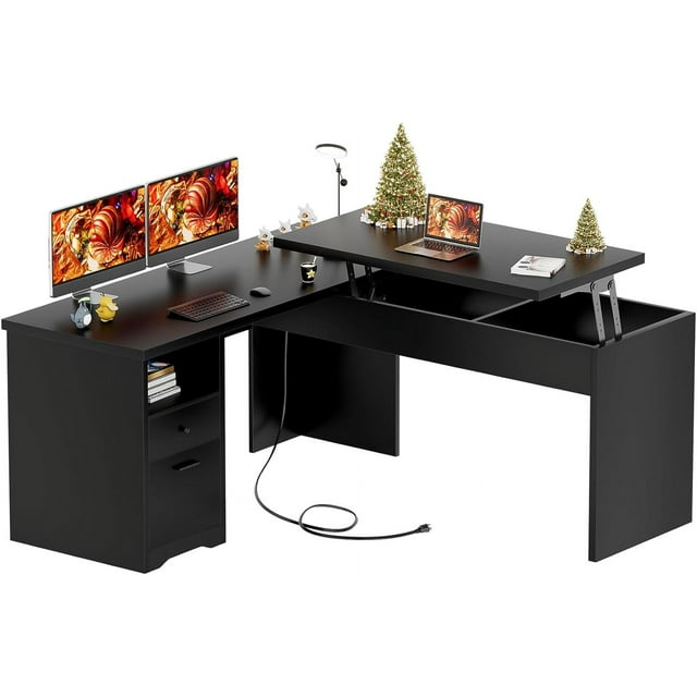 Homieasy L Shaped Desk with Power Outlets and USB Charging Ports, Lift ...