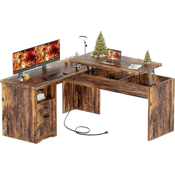 Homieasy L Shaped Desk with Power Outlets and USB Charging Ports, Lift Top Corner Computer Desk with Drawer, Large Office Desk with Storage Shelves, L Shaped Standing Desk for Home Office, Rustic Brow