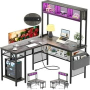 Homieasy L Shaped Desk with Power Outlets and USB Ports, 55'' Reversible L-Shaped Gaming Desk with LED Strip and Storage Shelves, Industrial Corner Computer Desk with Hutch for Home Office, Black Oak
