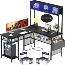 Homieasy L Shaped Desk with Power Outlets and USB Ports, 55 inch Reversible L-Shaped Gaming Desk with LED Strip and Storage Shelves, Industrial Corner Computer Desk with Hutch for Home Office, Black
