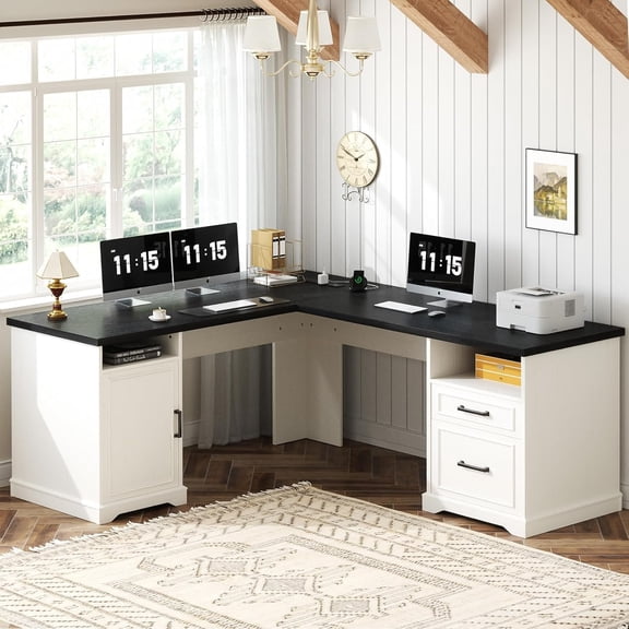 Homieasy L Shaped Executive Desk with File Drawers, 60" Corner Computer Desk with Power Outlets, Large 2 Person Home Office Table with Storage Cabinet, Sturdy Writing Desk, White