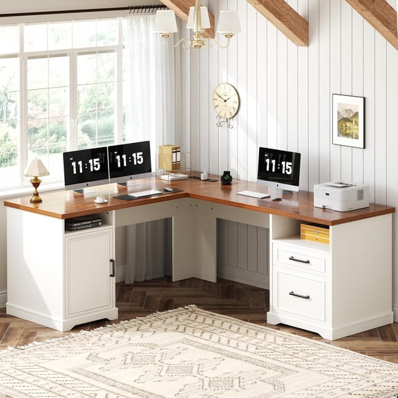 Homieasy L Shaped Executive Desk with File Drawers, 60" Corner Computer Desk with Power Outlets, Large 2 Person Home Office Table with Storage Cabinet, Sturdy Writing Desk, White and Brown