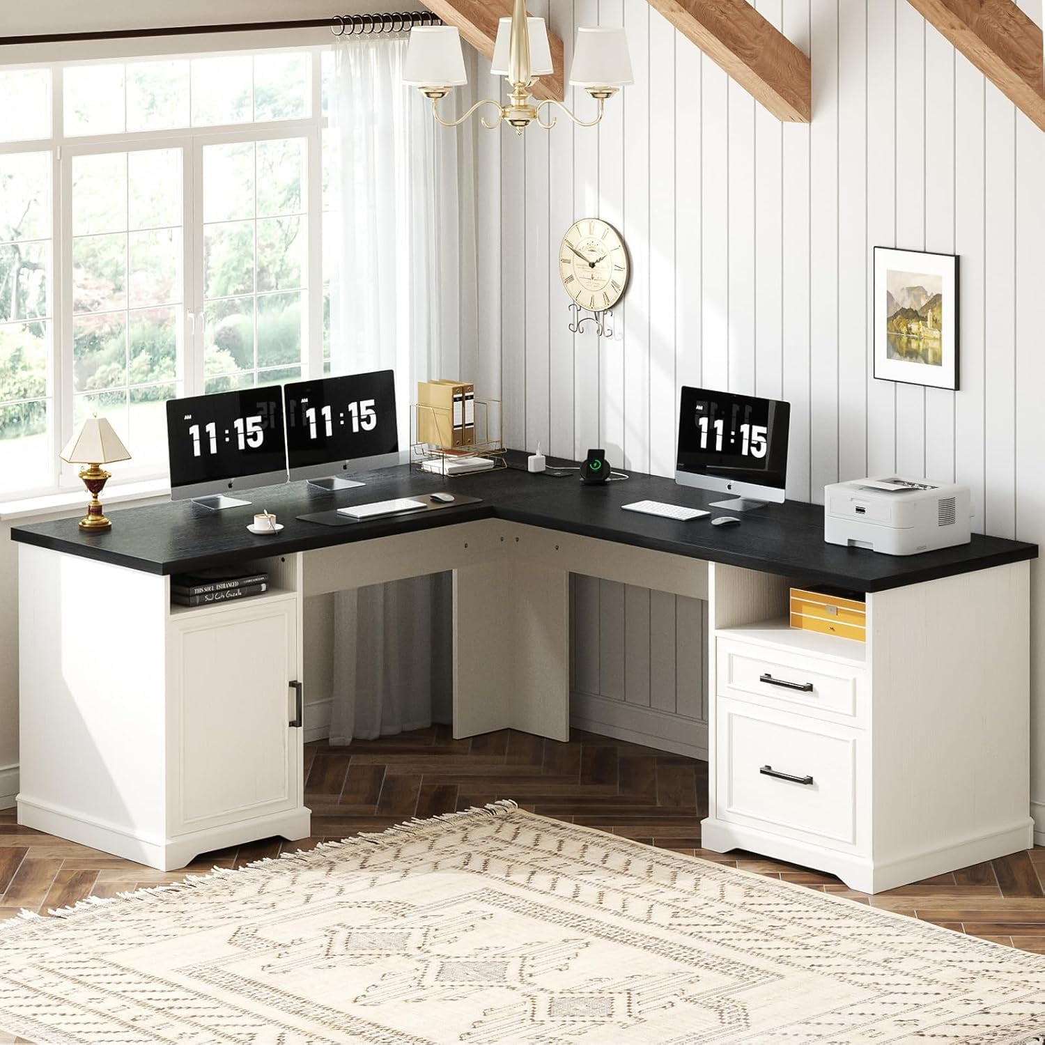 Homieasy L Shaped Executive Desk with File Drawers, 60" Corner Computer Desk with Power Outlets, Large 2 Person Home Office Table with Storage Cabinet, Sturdy Writing Desk, White and Black