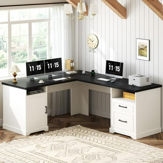 Homieasy L Shaped Executive Desk with File Drawers, 60" Corner Computer Desk with Power Outlets, Large 2 Person Home Office Table with Storage Cabinet, Sturdy Writing Desk, White and Black