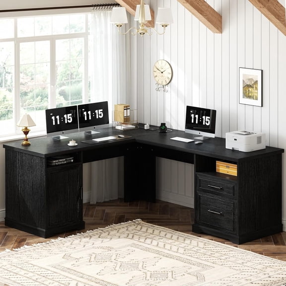 Homieasy L Shaped Executive Desk with File Drawers, 60" Corner Computer Desk with Power Outlets, Large 2 Person Home Office Table with Storage Cabinet, Sturdy Writing Desk, Black