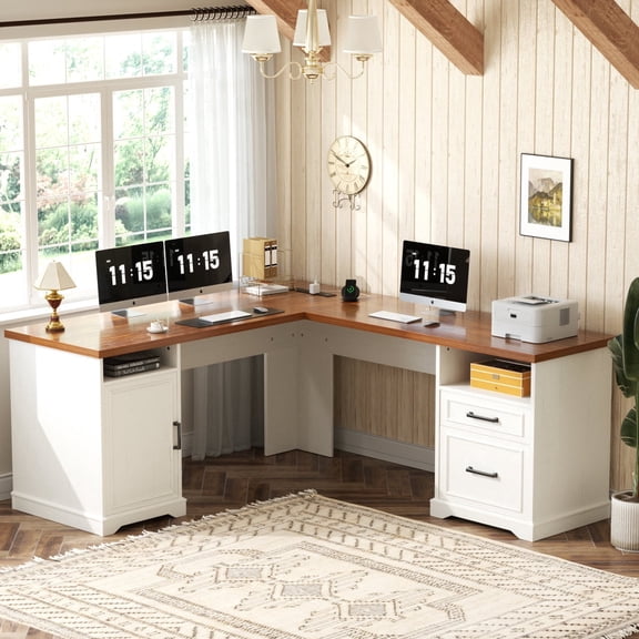 Homieasy L Shaped Executive Desk with File Drawers and  Power Outlets, Home Office Table with Storage Cabinet, Sturdy Writing Desk, White and Brown