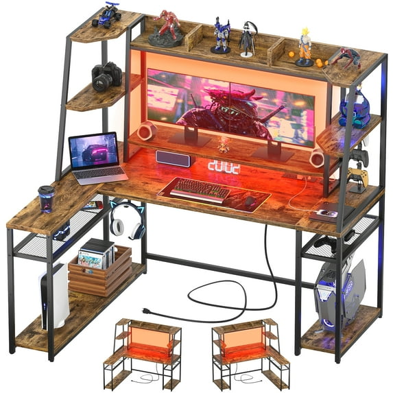 Homieasy Uptown Collection L-Shaped Reversible Gaming Desk with Hutch and Storage Shelf, Rustic Brown