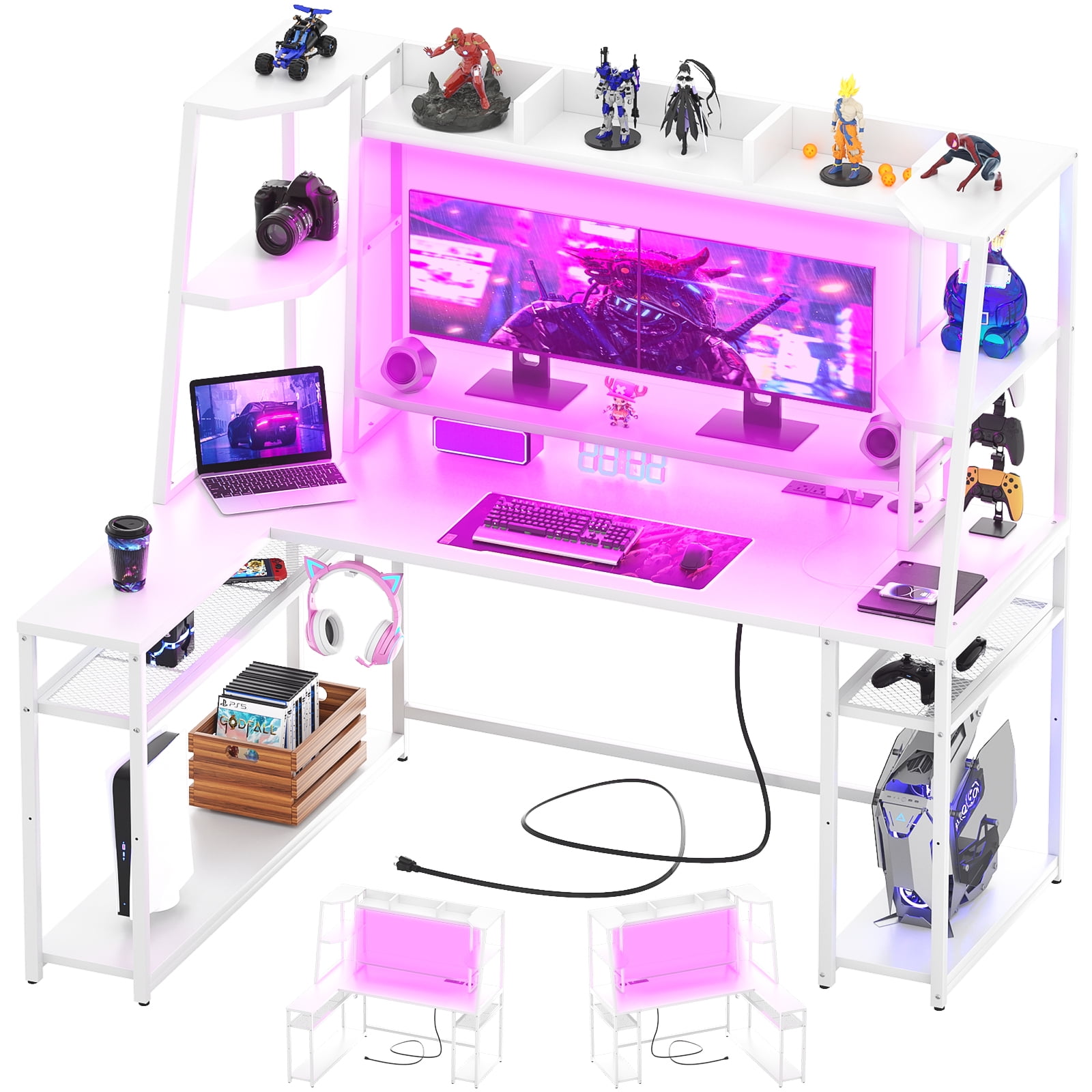 Homieasy L Shaped Gaming Desk with LED Lights and Power Outlets, 63