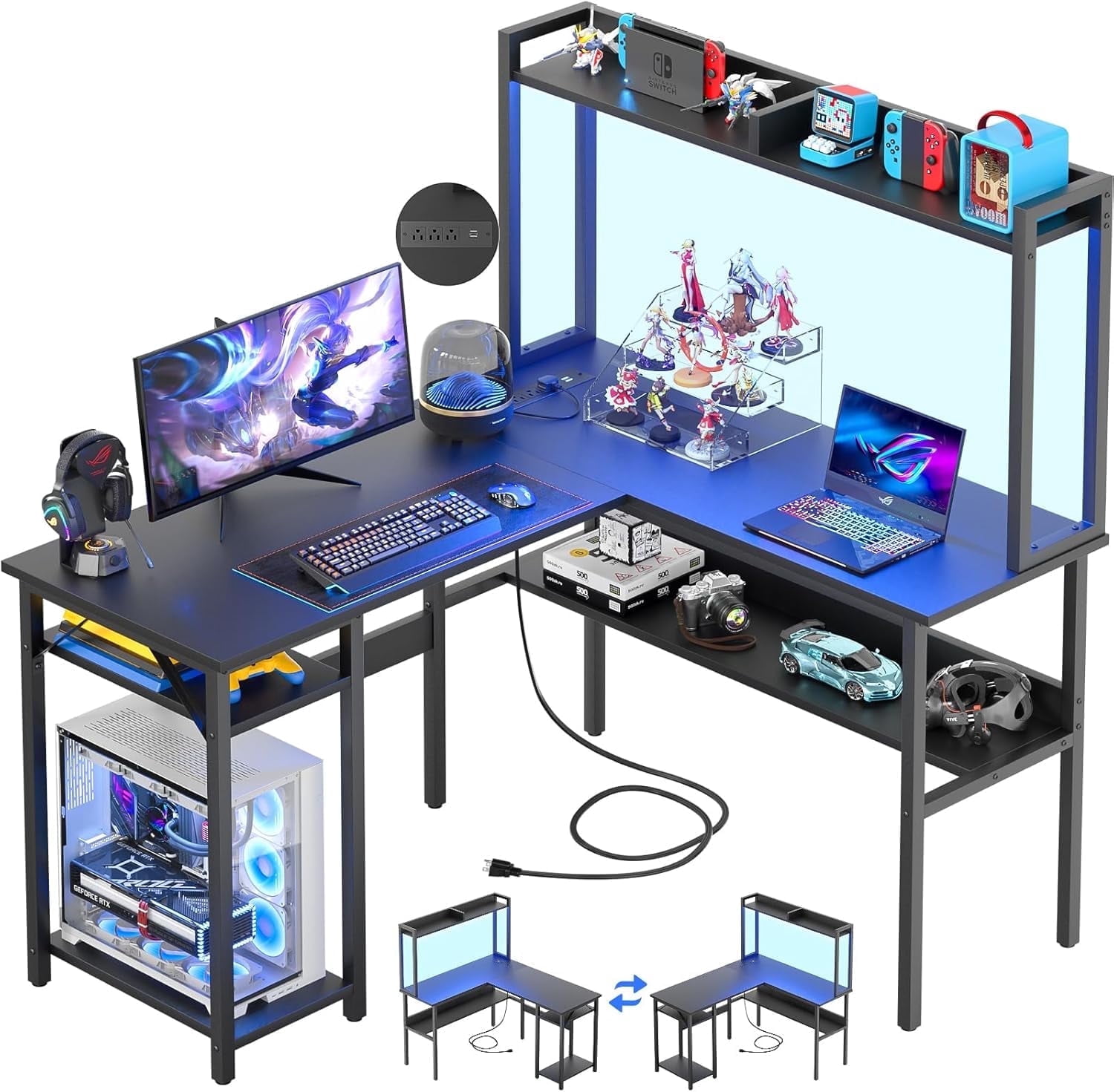 Homieasy L Shaped Gaming Desk with LED Strip and Power Outlets, Reversible L-Shaped Computer Desk with Storage Shelves, Corner Desk with Hutch, 2 Person Home Office Desk, Black