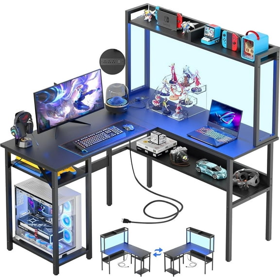 Homieasy L Shaped Gaming Desk with LED Strip and Power Outlets, Reversible L-Shaped Computer Desk with Storage Shelves, Corner Desk with Hutch, 2 Person Home Office Desk, Black