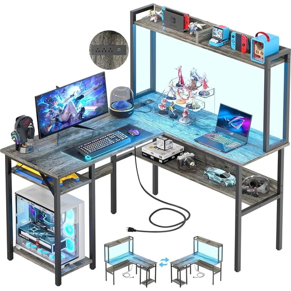 Homieasy L Shaped Gaming Desk with LED Strip and Power Outlets, Reversible L-Shaped Computer Desk with Storage Shelves, Corner Desk with Hutch, 2 Person Home Office Desk, Black Oak