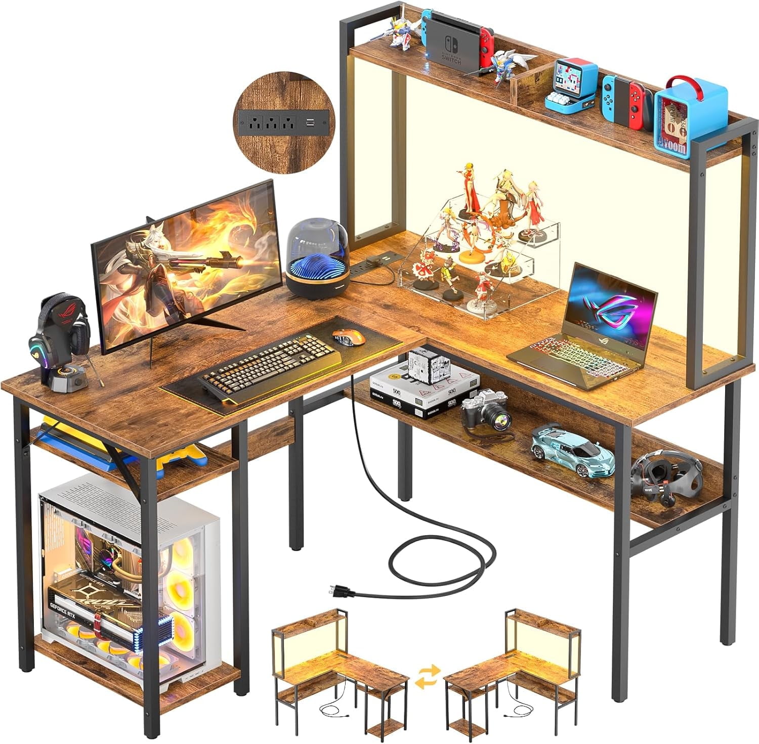 Homieasy L Shaped Gaming Desk with LED Strip and Power Outlets ...