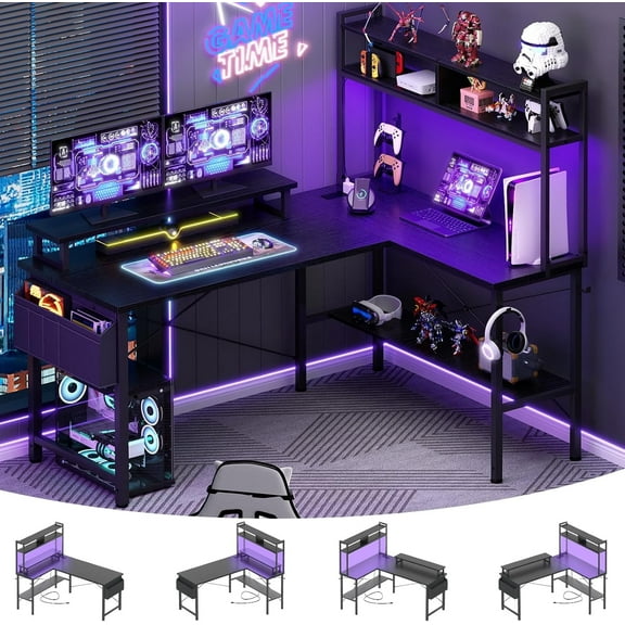 Homieasy L Shaped Gaming Desk with Power Outlets & LED Lights, Small L- Shaped Desk Computer Corner Desk with Monitor Stand & Storage Shelf, Home Office Desk Writing Desk with Storage Bag,