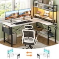 thumbnail image 1 of Homieasy L Shaped Gaming Desk with Power Outlets & LED Lights, Small L- Shaped Desk Computer Corner Desk with Monitor Stand & Storage Shelf, Home Office Desk Writing Desk with Storage Bag, White, 1 of 8
