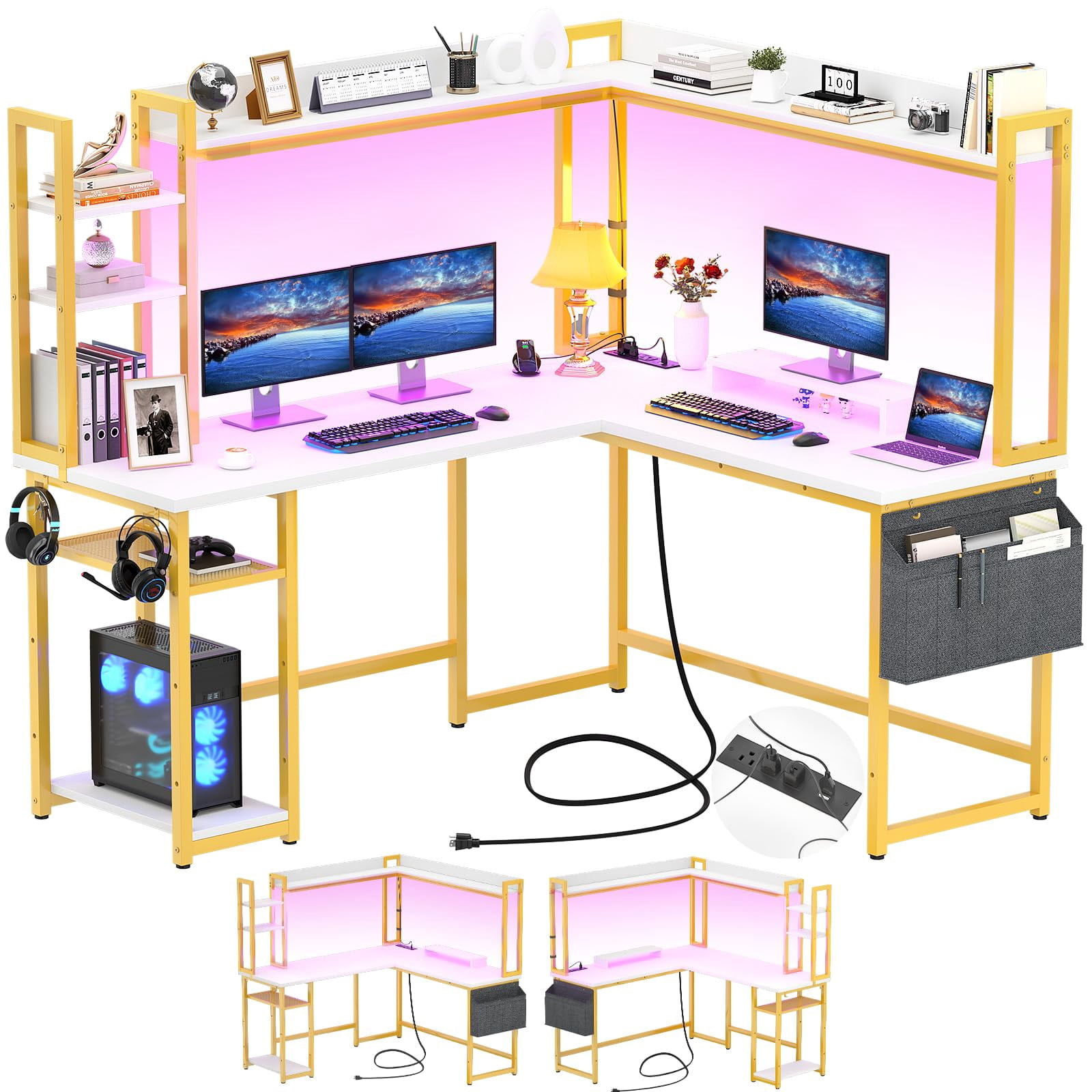 Homieasy LED Lights Hutch L Shaped Desk with Power Outlet and Storage ...