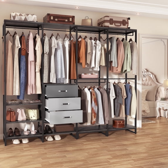 Homieasy Closet System with Wooden Drawers, Closet Organizer System with Hanging Rods, Black Oak