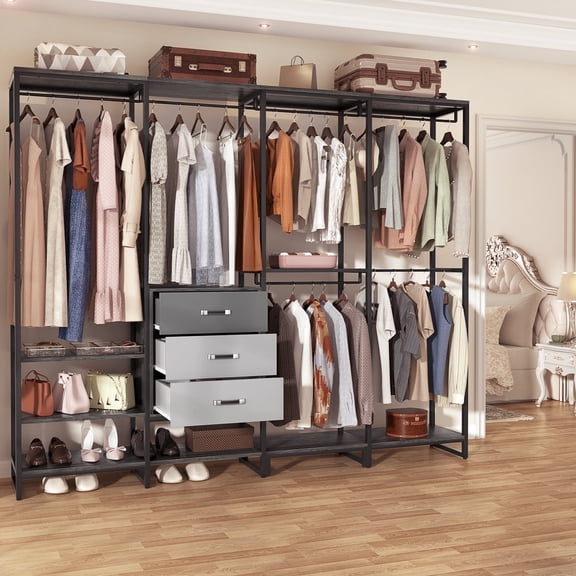 Homieasy Closet System with Wooden Drawers, Closet Organizer System with Hanging Rods, Black Oak
