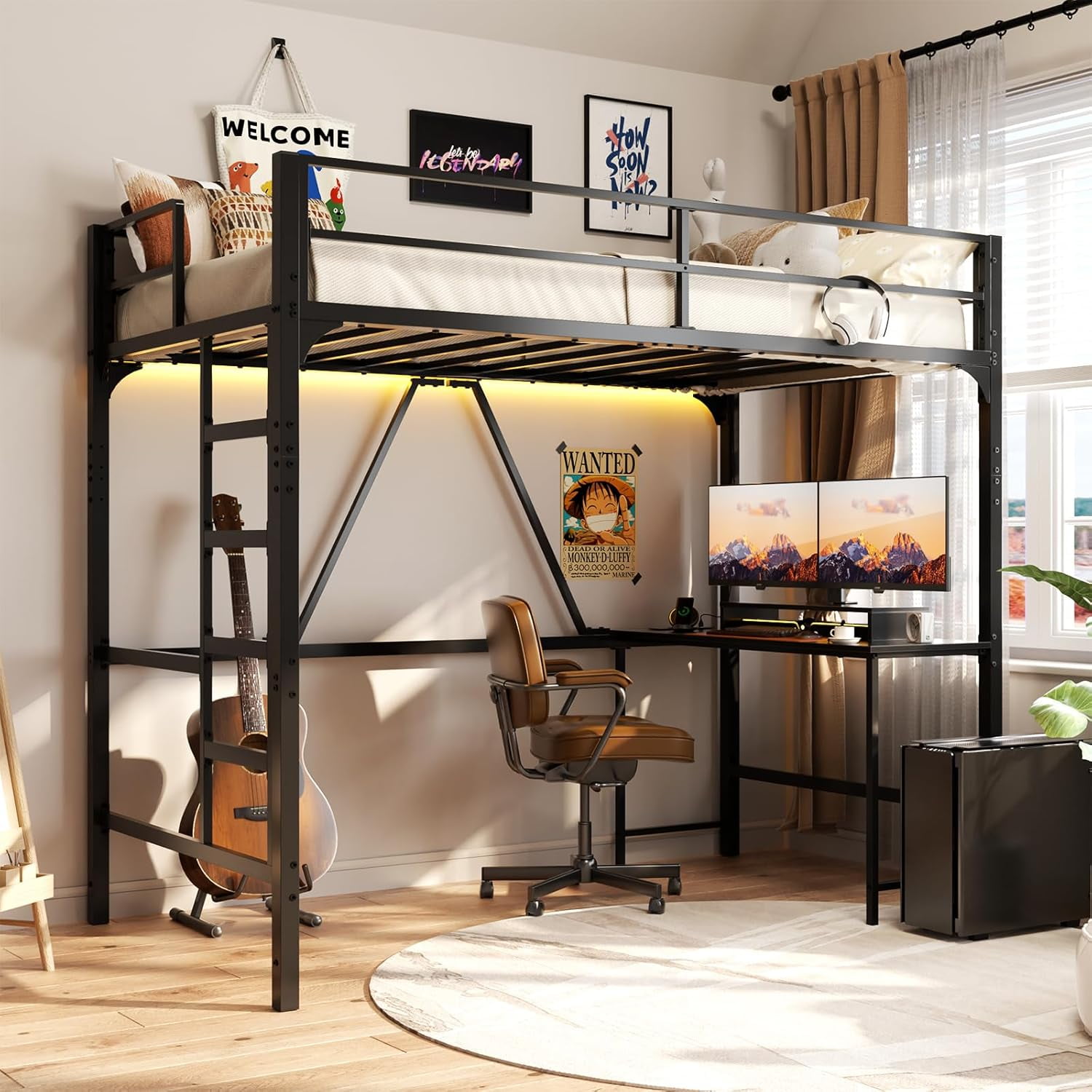 Homieasy Loft Bed Twin Size with Desk and Power Outlet, Metal Bunk Bed