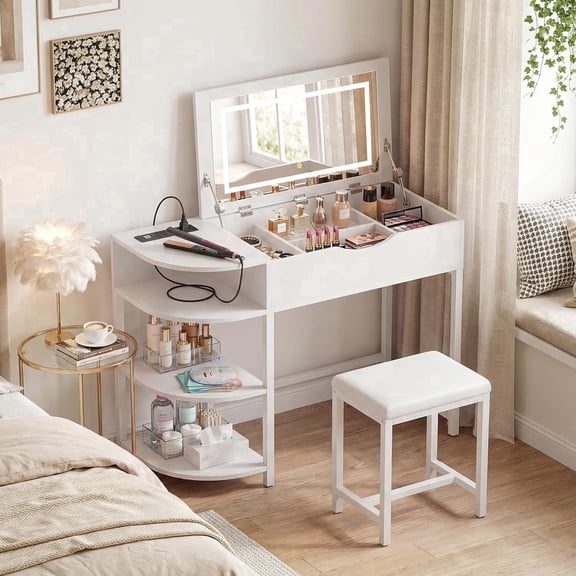 Homieasy Makeup Vanity Desk with Flip Top Mirror and Lights, 2-in-1 Modern Vanity Table with Charging Station and Side Storage Shelves, Space Saving Dressing Table for Small Spaces, White